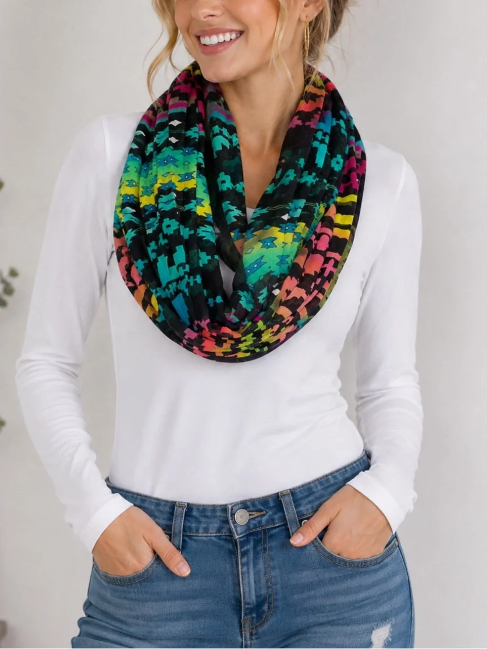 Colorful multicolor infinity scarf featuring a bold abstract/geometric pattern